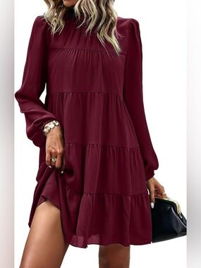 KIRUNDO Baby Doll 2026 Casual Ruffle Mock Neck Tiered Flowy Swing Shift Dress